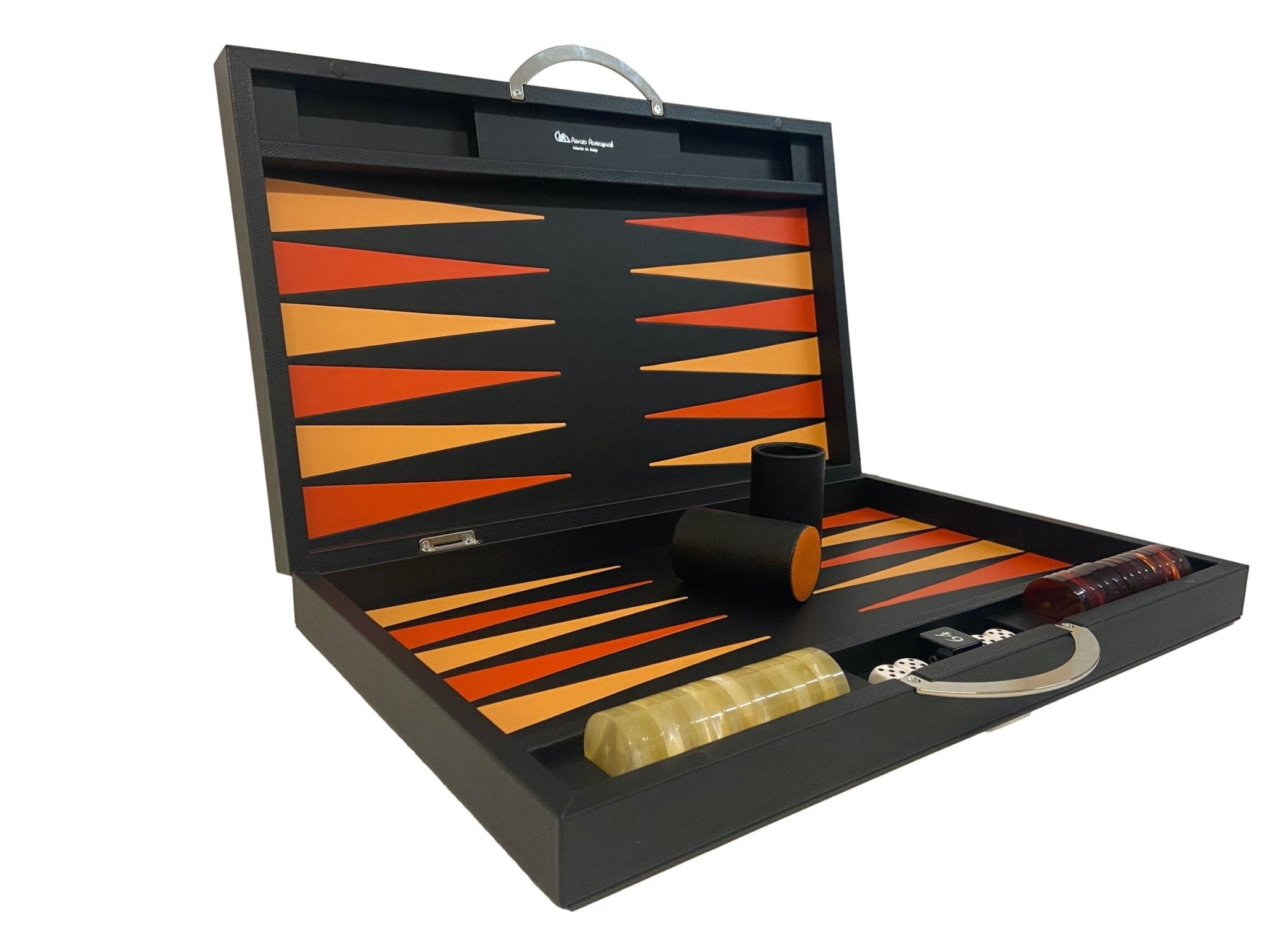 Backgammon Cuir véritable GM - Noir Ancien - Renzo Romagnoli - Backgammon en cuir cadeau bel objet - Rouge et Noir