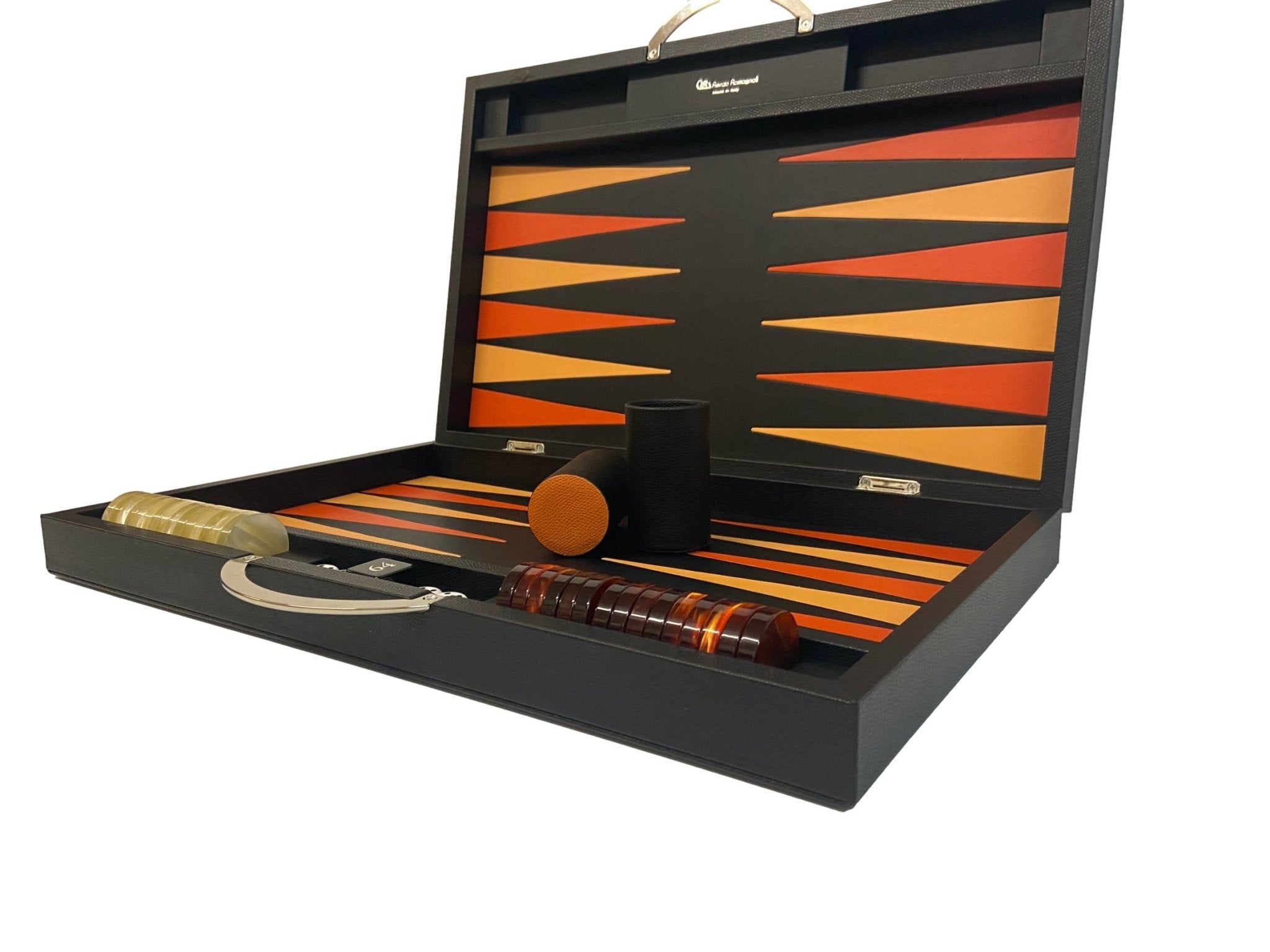 Backgammon Cuir véritable GM - Noir Ancien - Renzo Romagnoli - Backgammon en cuir cadeau bel objet - Rouge et Noir