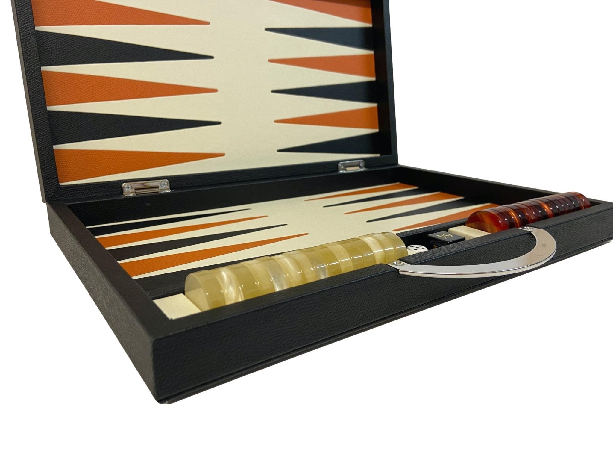 Backgammon Cuir véritable GM - Noir / Orange - Renzo Romagnoli - Backgammon en cuir cadeau bel objet - Rouge et Noir