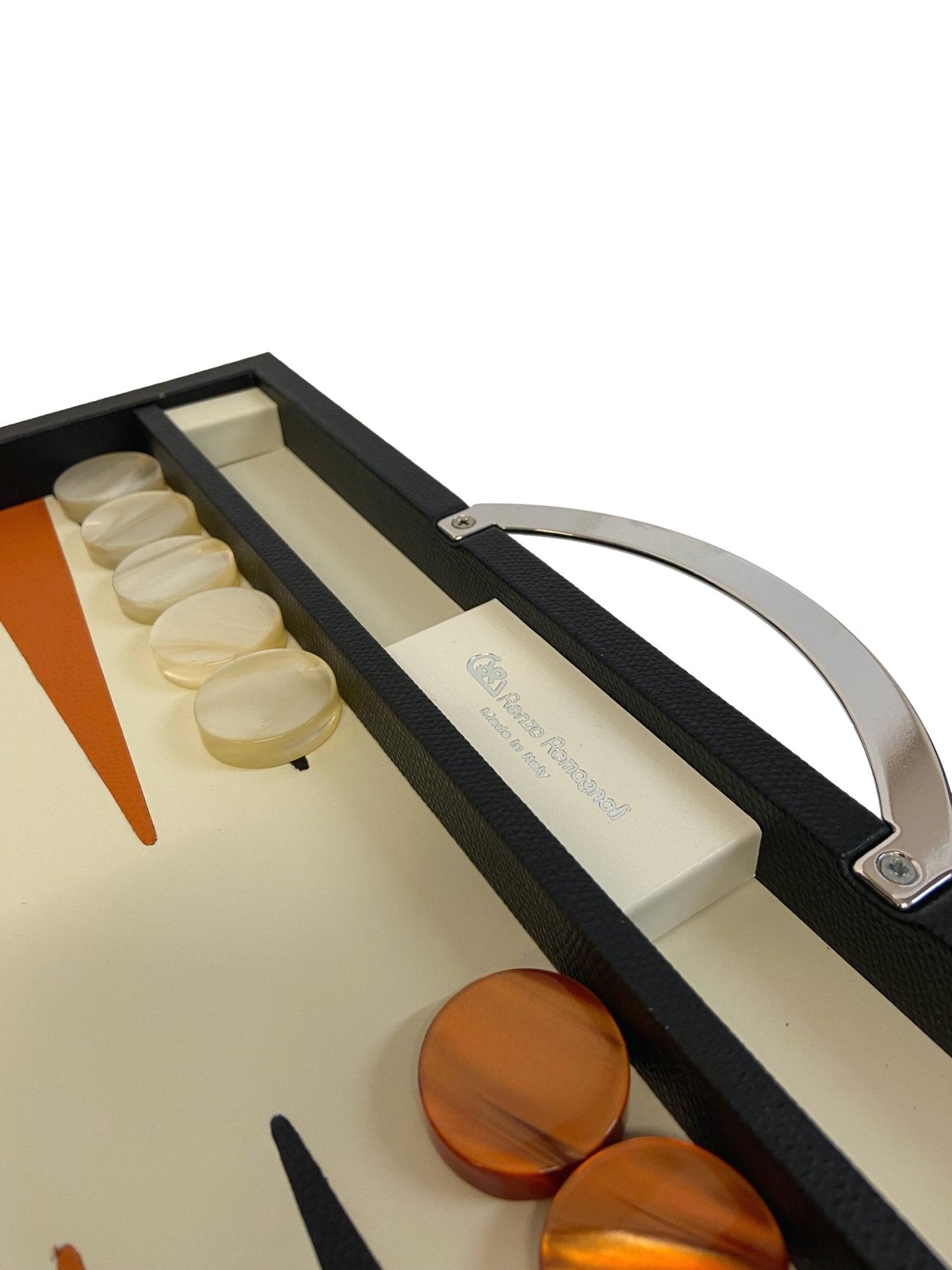 Backgammon Cuir véritable GM - Noir / Orange - Renzo Romagnoli - Backgammon en cuir cadeau bel objet - Rouge et Noir