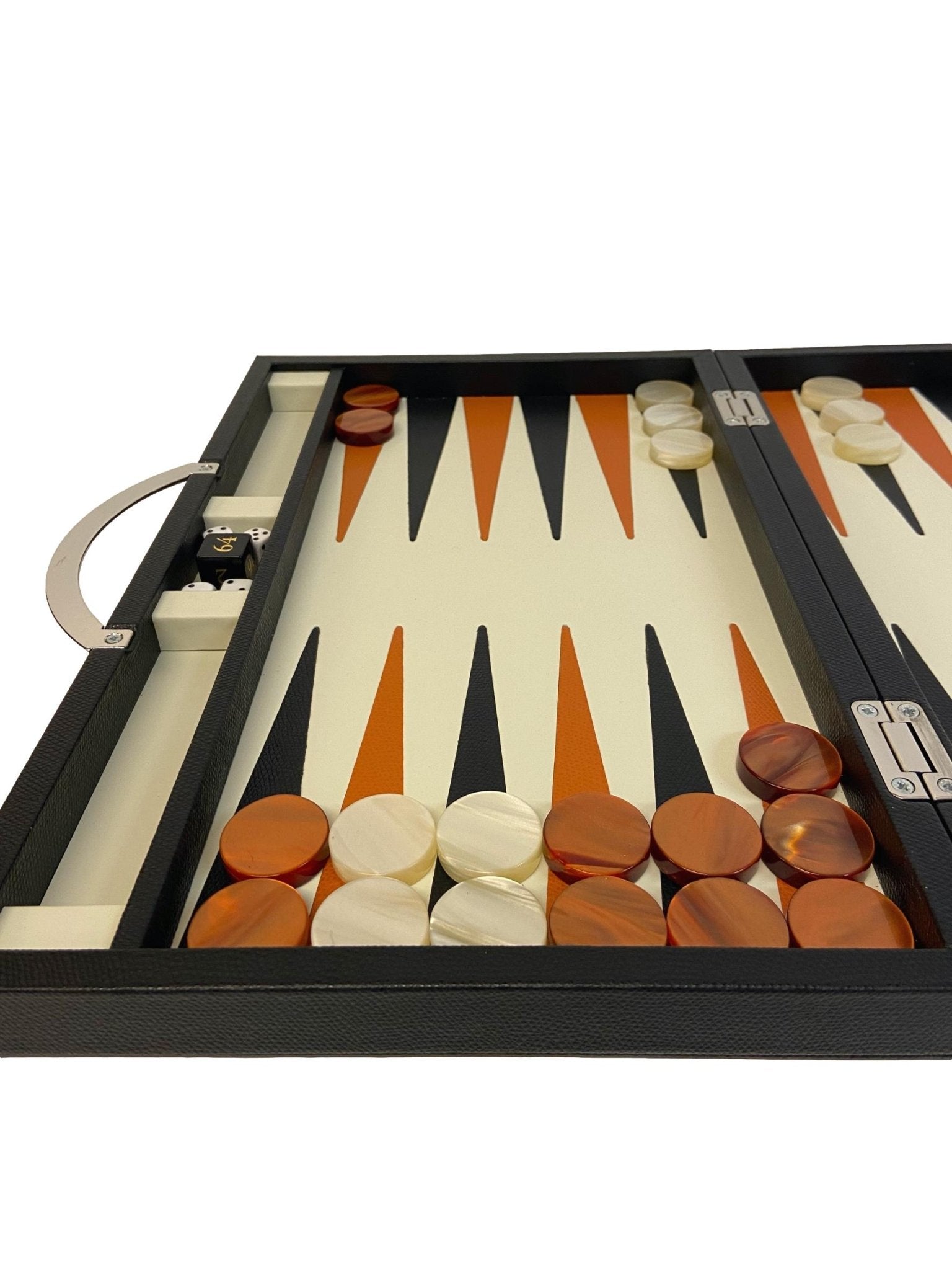 Backgammon Cuir véritable GM - Noir / Orange - Renzo Romagnoli - Backgammon en cuir cadeau bel objet - Rouge et Noir
