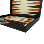Backgammon Cuir véritable GM - Noir / Orange - Renzo Romagnoli - Backgammon en cuir cadeau bel objet - Rouge et Noir