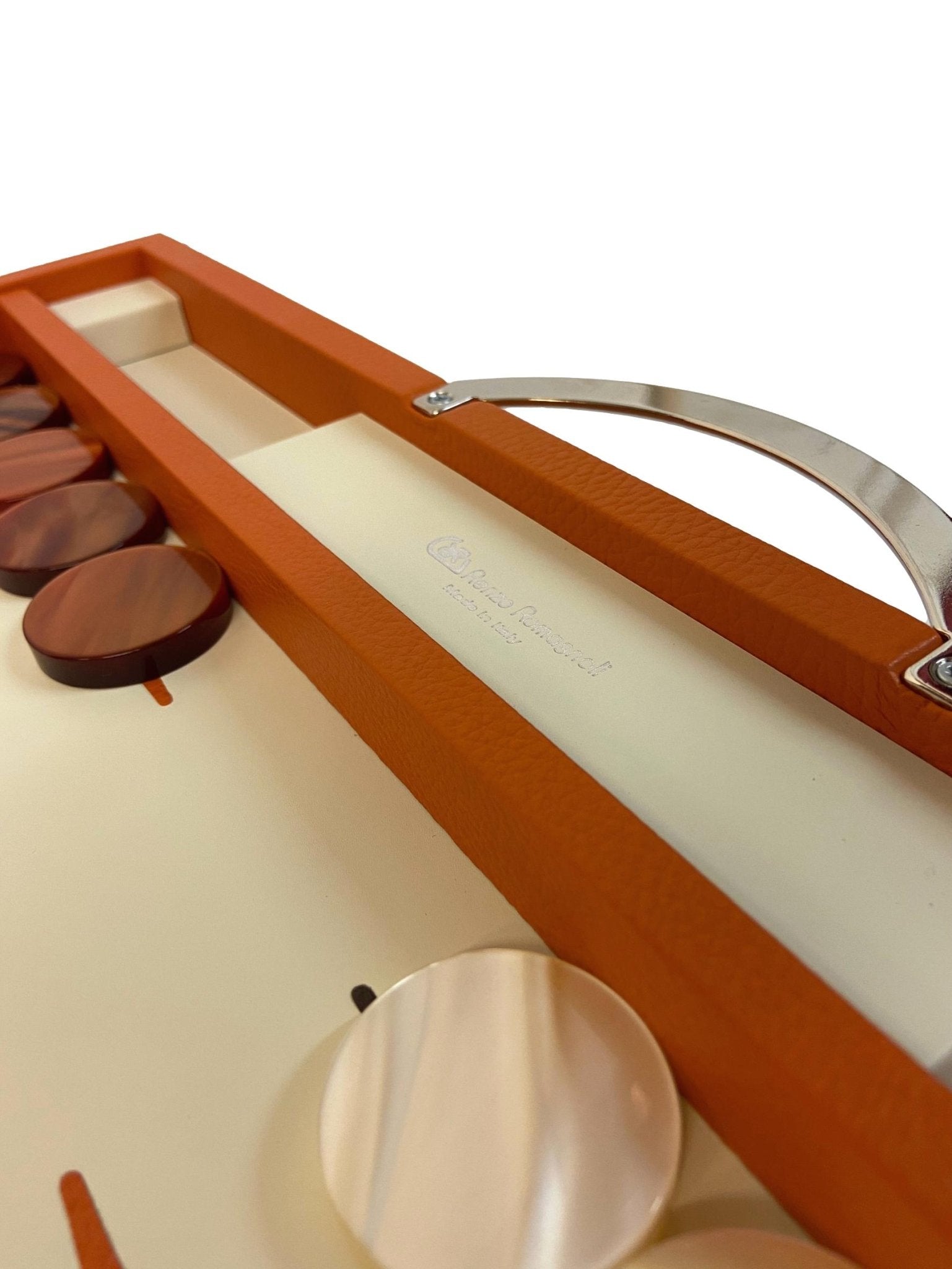 Backgammon Cuir véritable GM - Orange - Renzo Romagnoli - Backgammon en cuir - Rouge et Noir