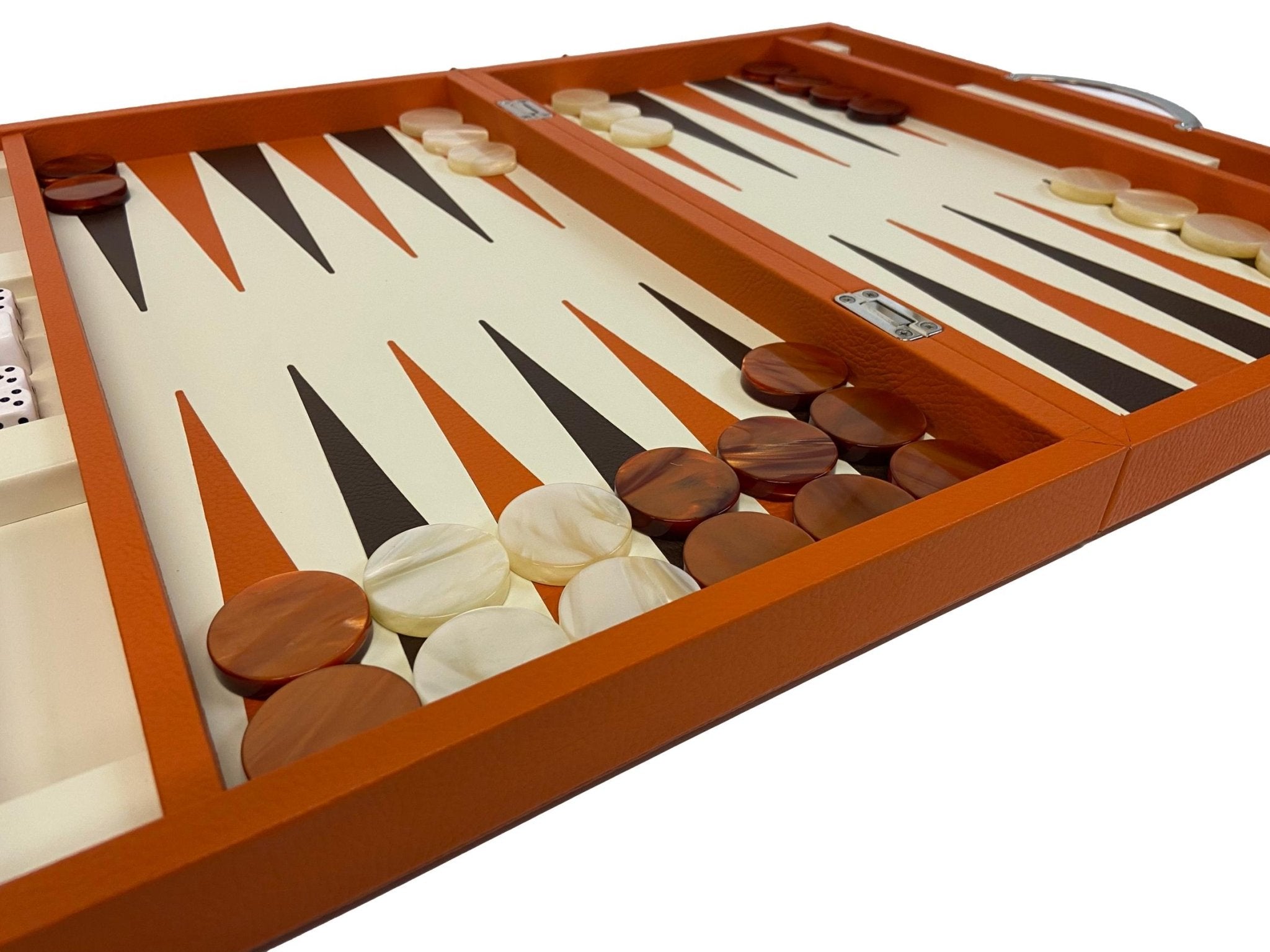 Backgammon Cuir véritable GM - Orange - Renzo Romagnoli - Backgammon en cuir - Rouge et Noir
