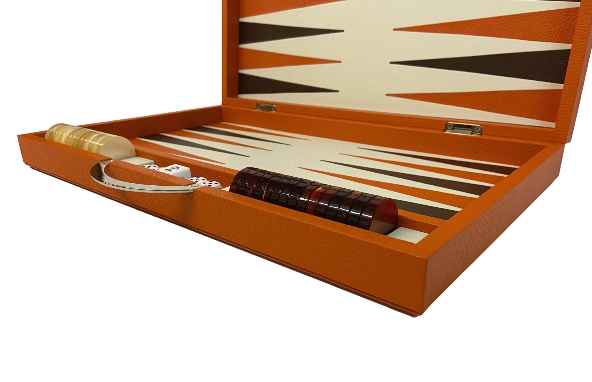 Backgammon Cuir véritable GM - Orange - Renzo Romagnoli - Backgammon en cuir - Rouge et Noir