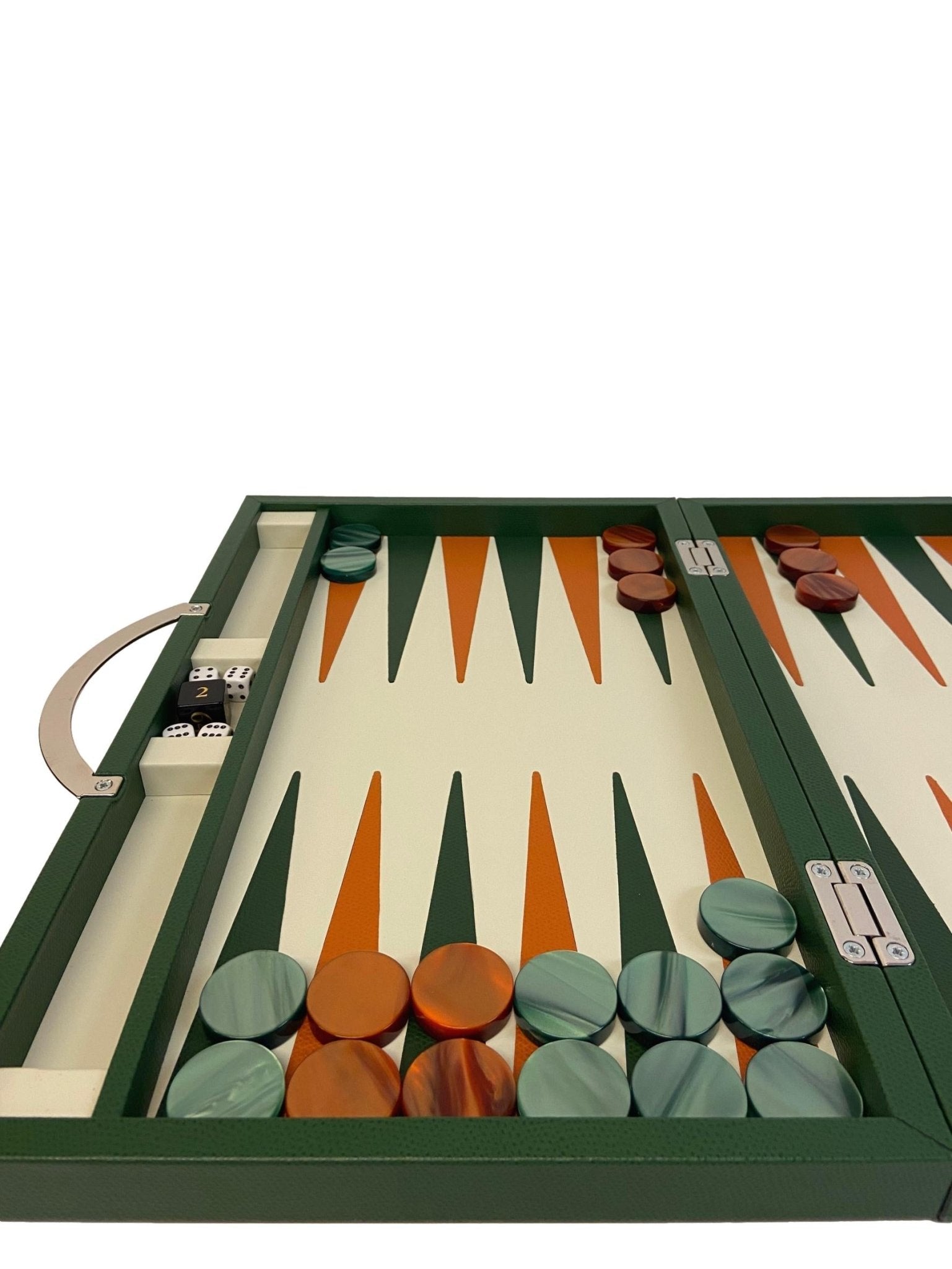 Backgammon Cuir véritable GM - Vert / Orange - Renzo Romagnoli - Backgammon en cuir - Rouge et Noir
