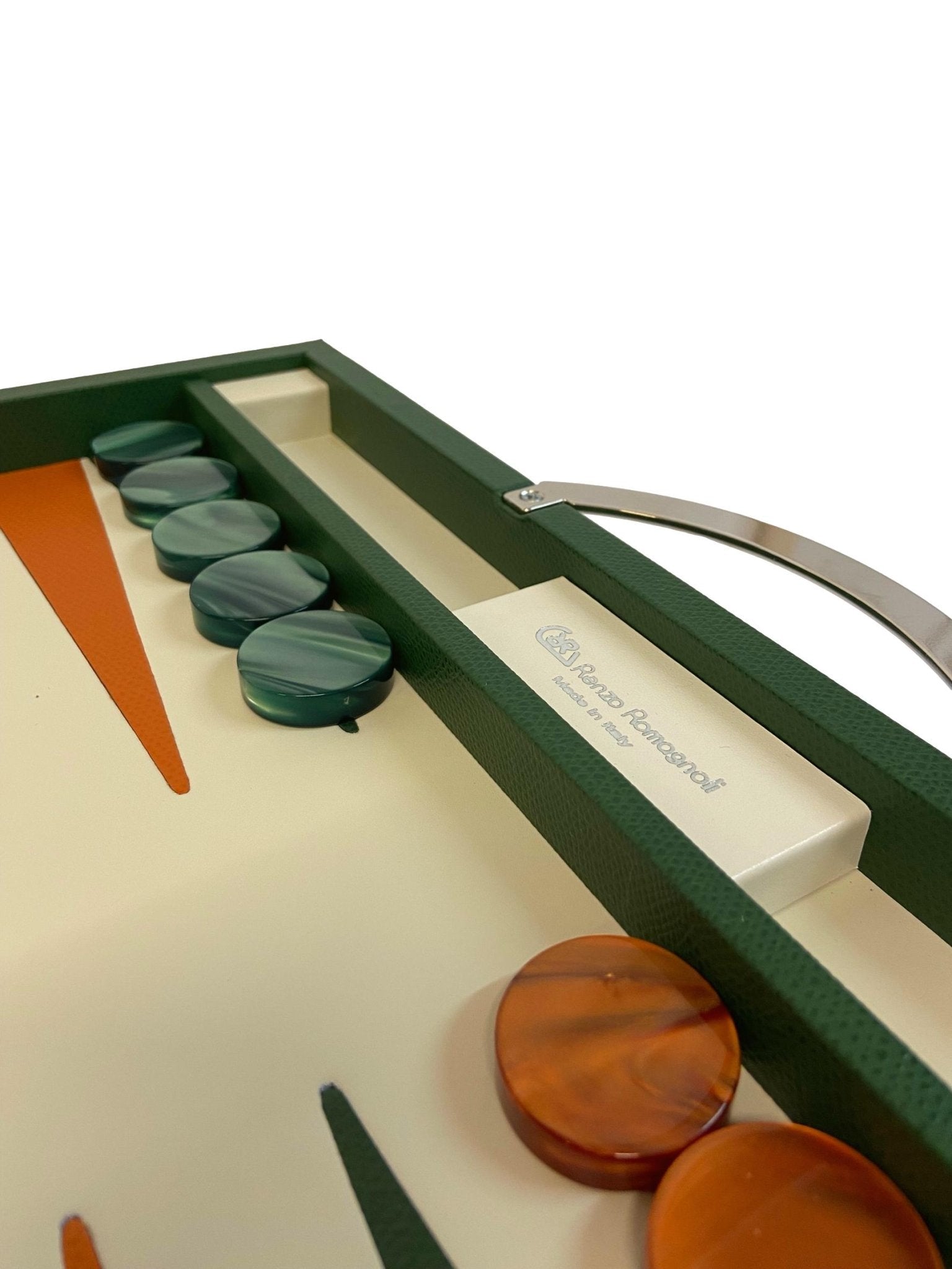 Backgammon Cuir véritable GM - Vert / Orange - Renzo Romagnoli - Backgammon en cuir - Rouge et Noir