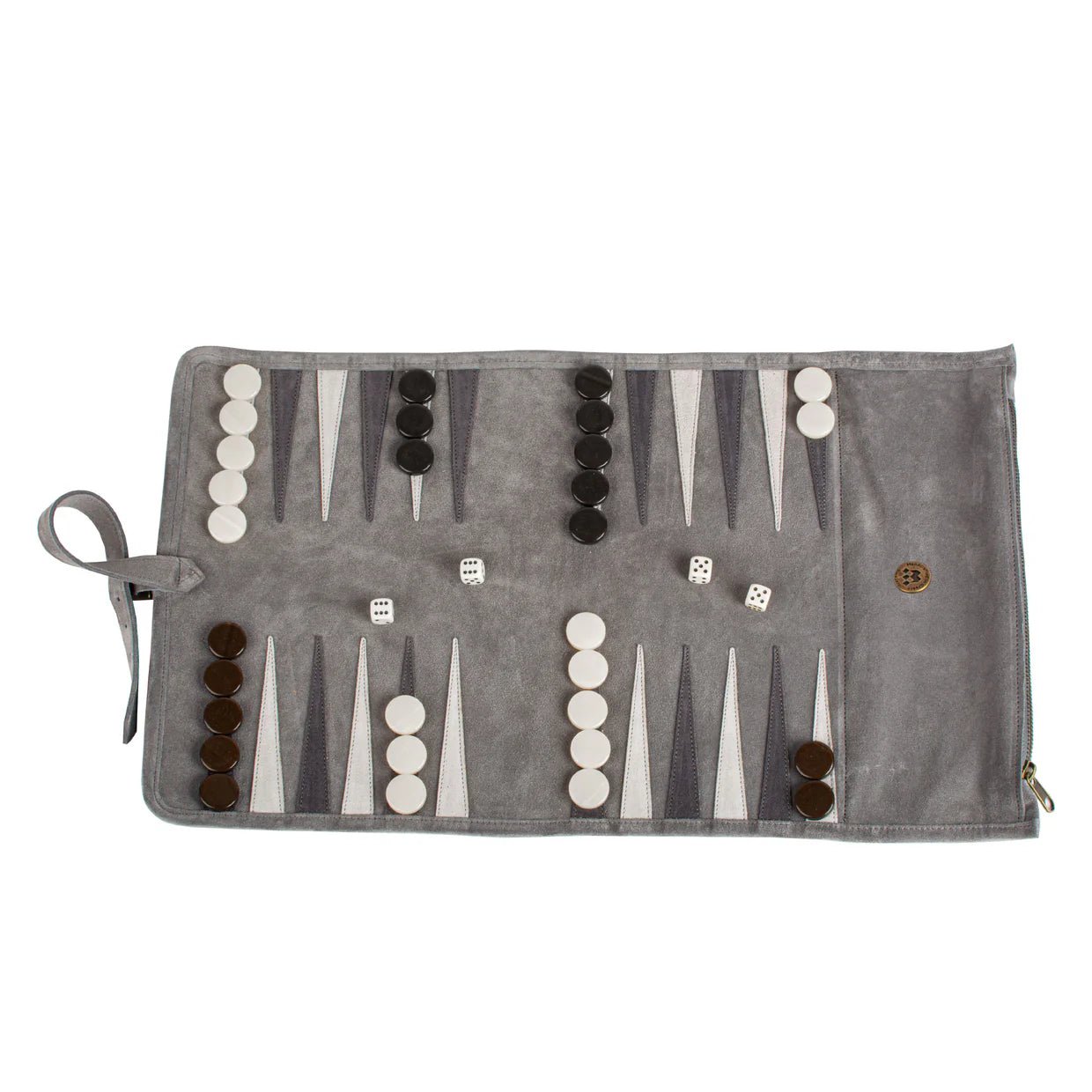 Backgammon de voyage - Roulable - Cuir Gris - Backgammon en cuir de voyage - Rouge et Noir