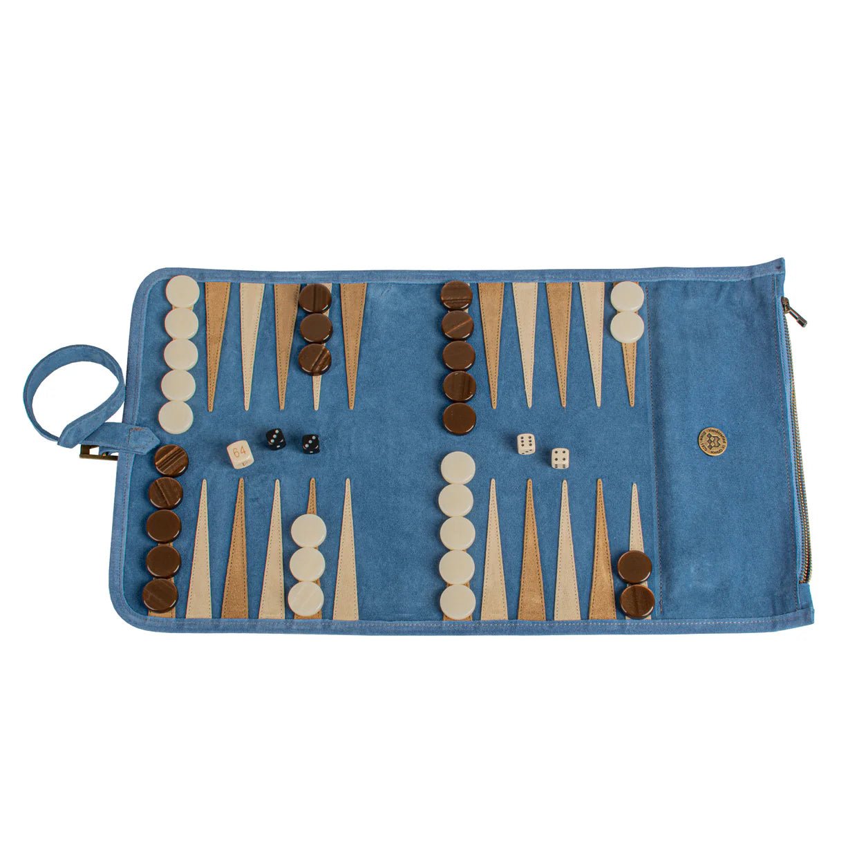 Backgammon de voyage - Roulable - Cuir Velours - Bleu - Backgammon en cuir de voyage - Rouge et Noir