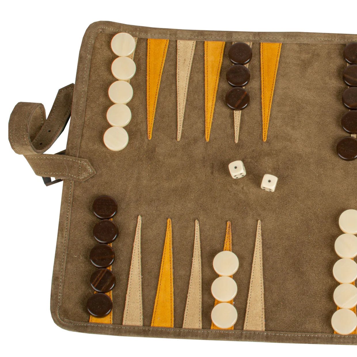 Backgammon de voyage - Roulable - Cuir Velours - Kaki - Backgammon en cuir de voyage - Rouge et Noir