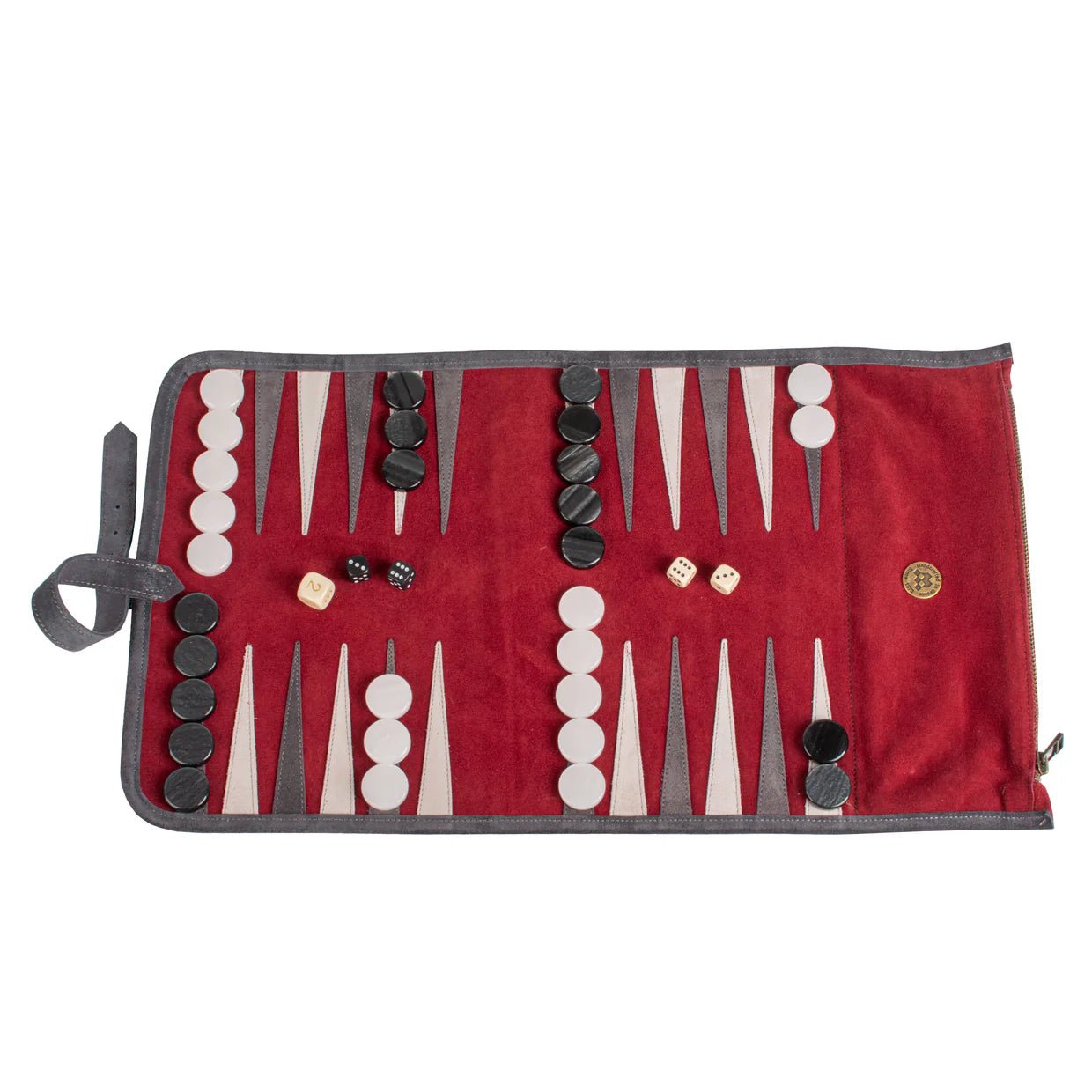 Backgammon de voyage - Roulable - Cuir Velours - Rouge - Backgammon en cuir de voyage - Rouge et Noir