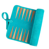 Backgammon de voyage - Roulable - Cuir Velours - Turquoise - Backgammon en cuir de voyage - Rouge et Noir