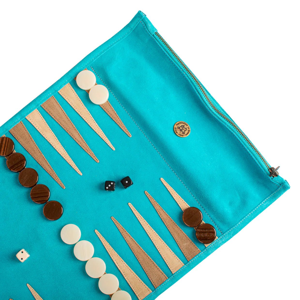 Backgammon de voyage - Roulable - Cuir Velours - Turquoise - Backgammon en cuir de voyage - Rouge et Noir