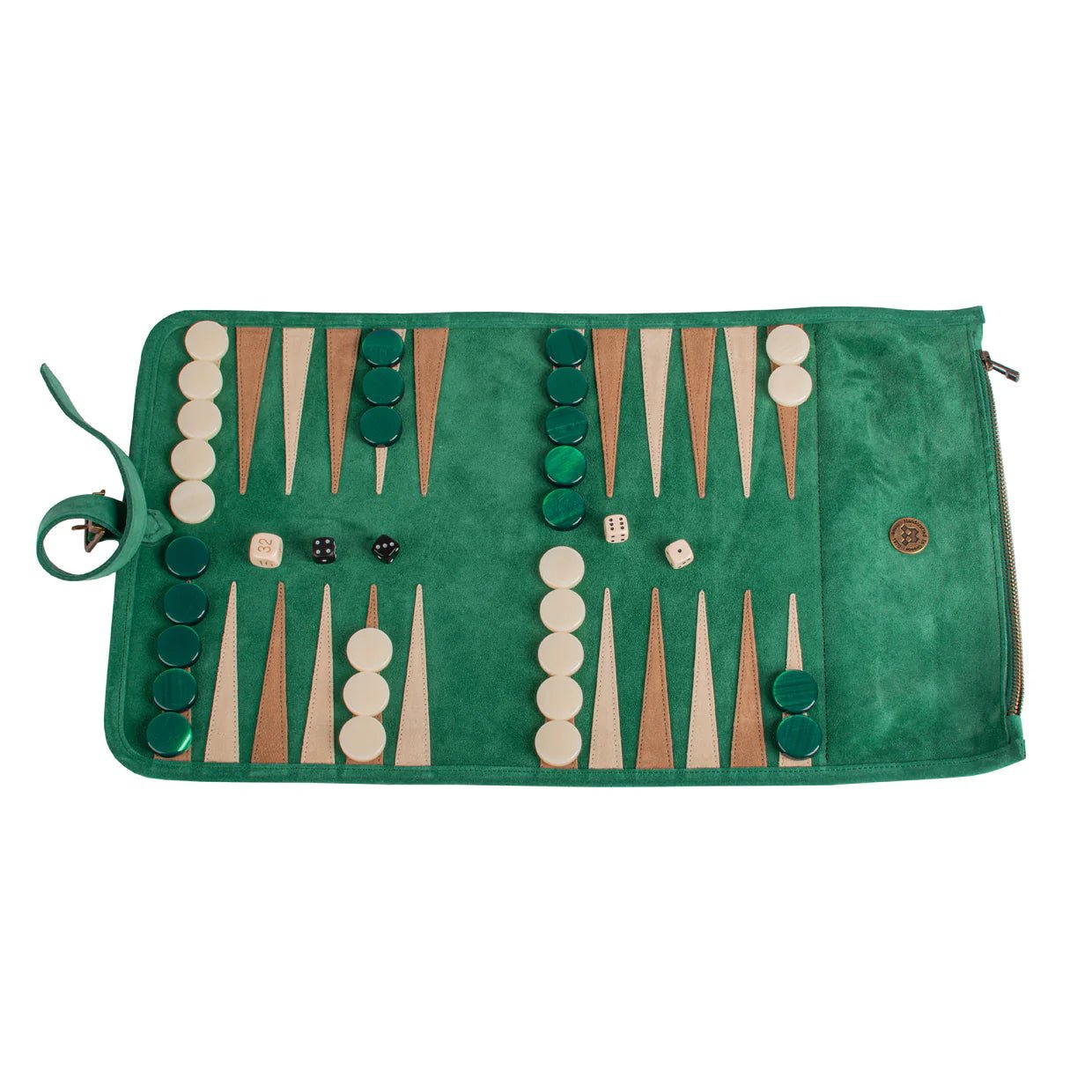 Backgammon de voyage - Roulable - Cuir Velours - Vert - Backgammon en cuir de voyage - Rouge et Noir
