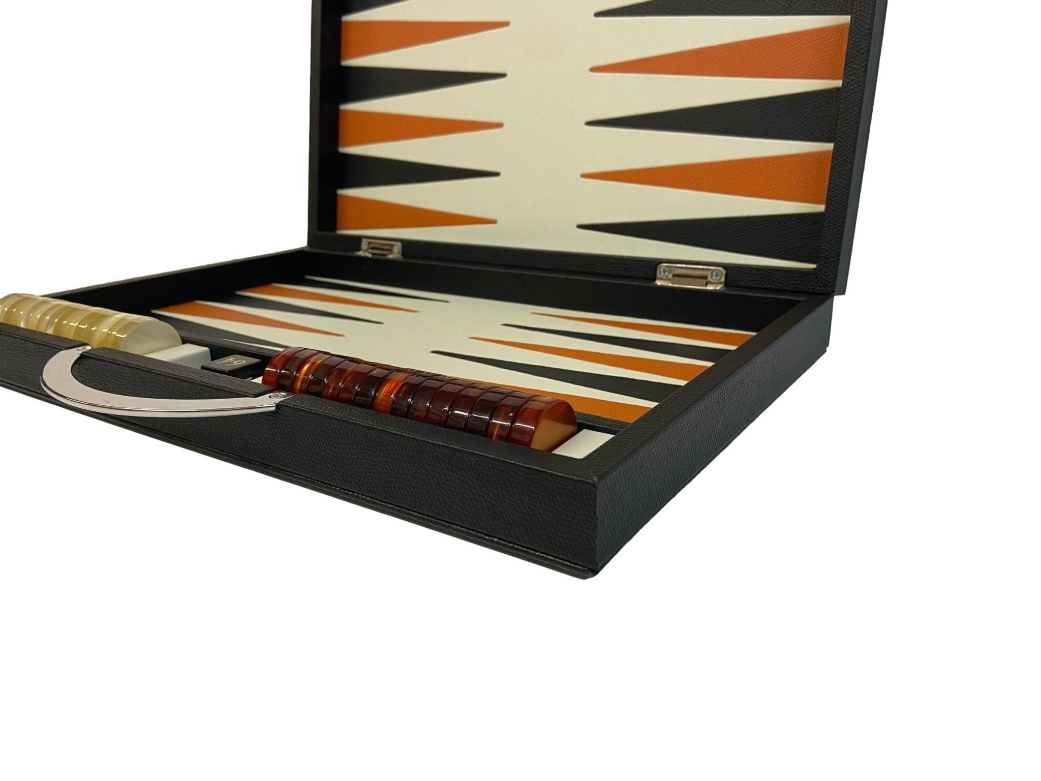 Backgammon en Cuir véritable MM - Noir / Orange - Renzo Romagnoli - Backgammon en cuir - Rouge et Noir