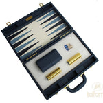 Backgammon luxe style cuir / pions cerclés dorés MM - Bleu - Backgammon en cuir vegan de voyage - Rouge et Noir