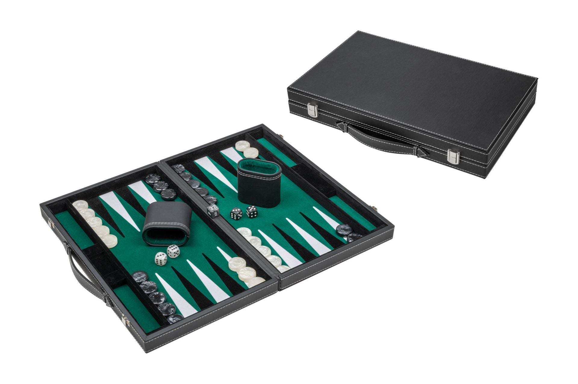 Backgammon style Cuir - Surpiqué - Vert / Noir - mm - Backgammon en cuir vegan - Rouge et Noir