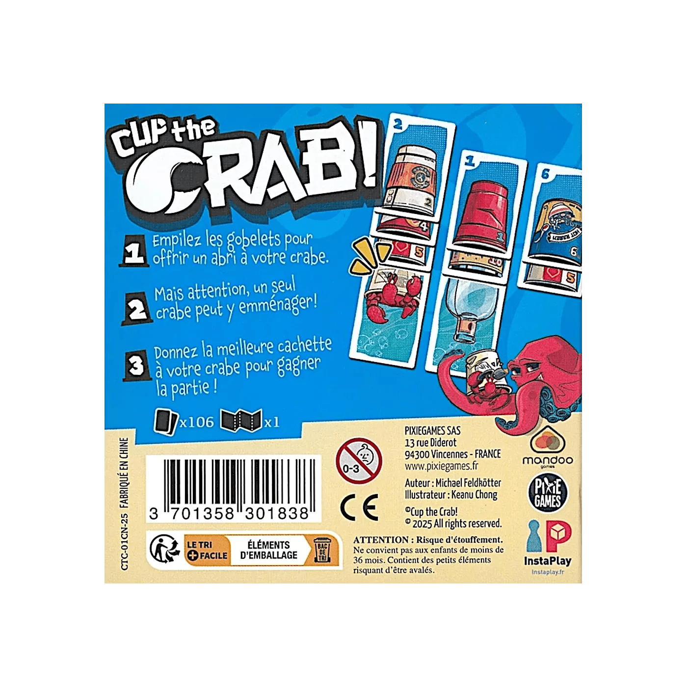 Cup The Crab - Jeu de plateau d'ambiance et de vivacité - Rouge et Noir