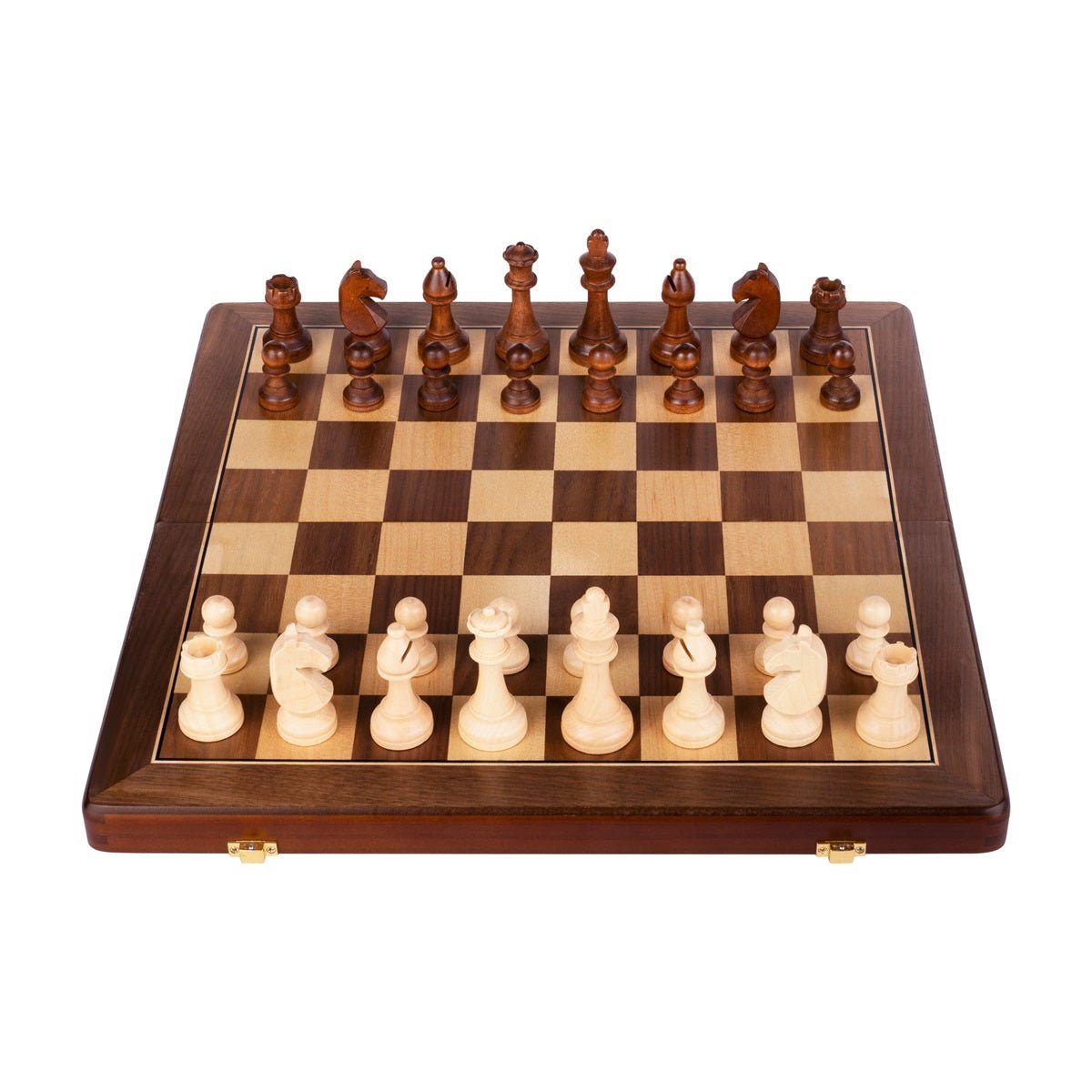 Ensemble jeu d'échecs en noyer et érable - pliant - 38 cm - Coffre d'échecs et jeu d'échecs de voyage - Rouge et Noir