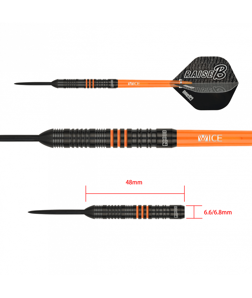 Fléchettes 80% Nickel Tungstène - Raise B - Orange - Fléchettes acier - Rouge et Noir