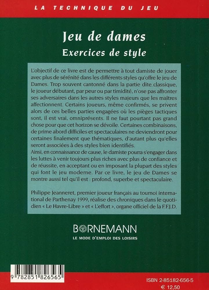 Jeu de Dames - Exercices de style - Bornemann - Règles de Jeux - Librairie - Rouge et Noir