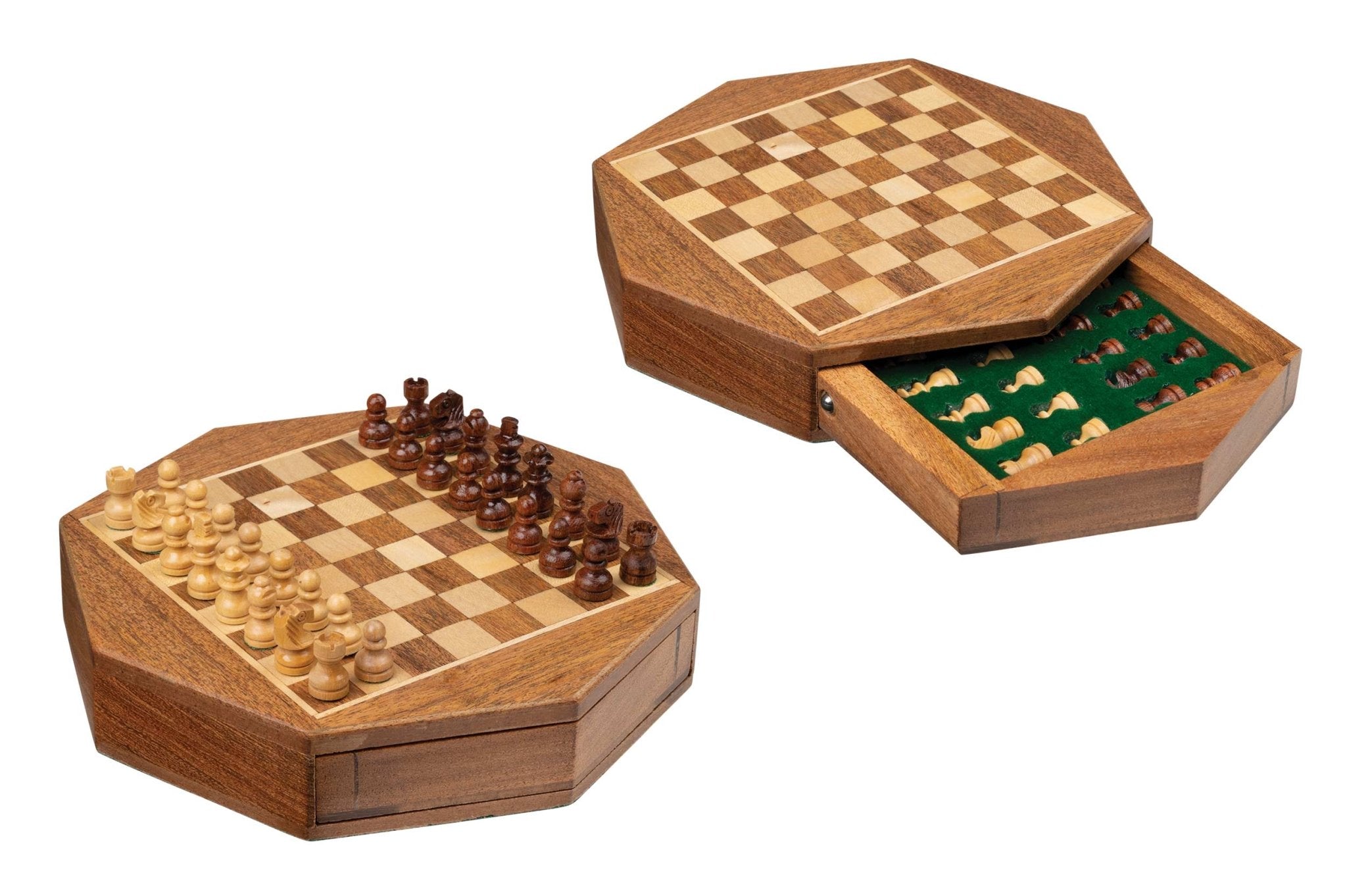 Jeu d'échecs octogonal en acacia et érable - Coffre tiroir - Magnétique - ensemble d'échecs classique jeu d'échecs échecs de voyage - Rouge et Noir