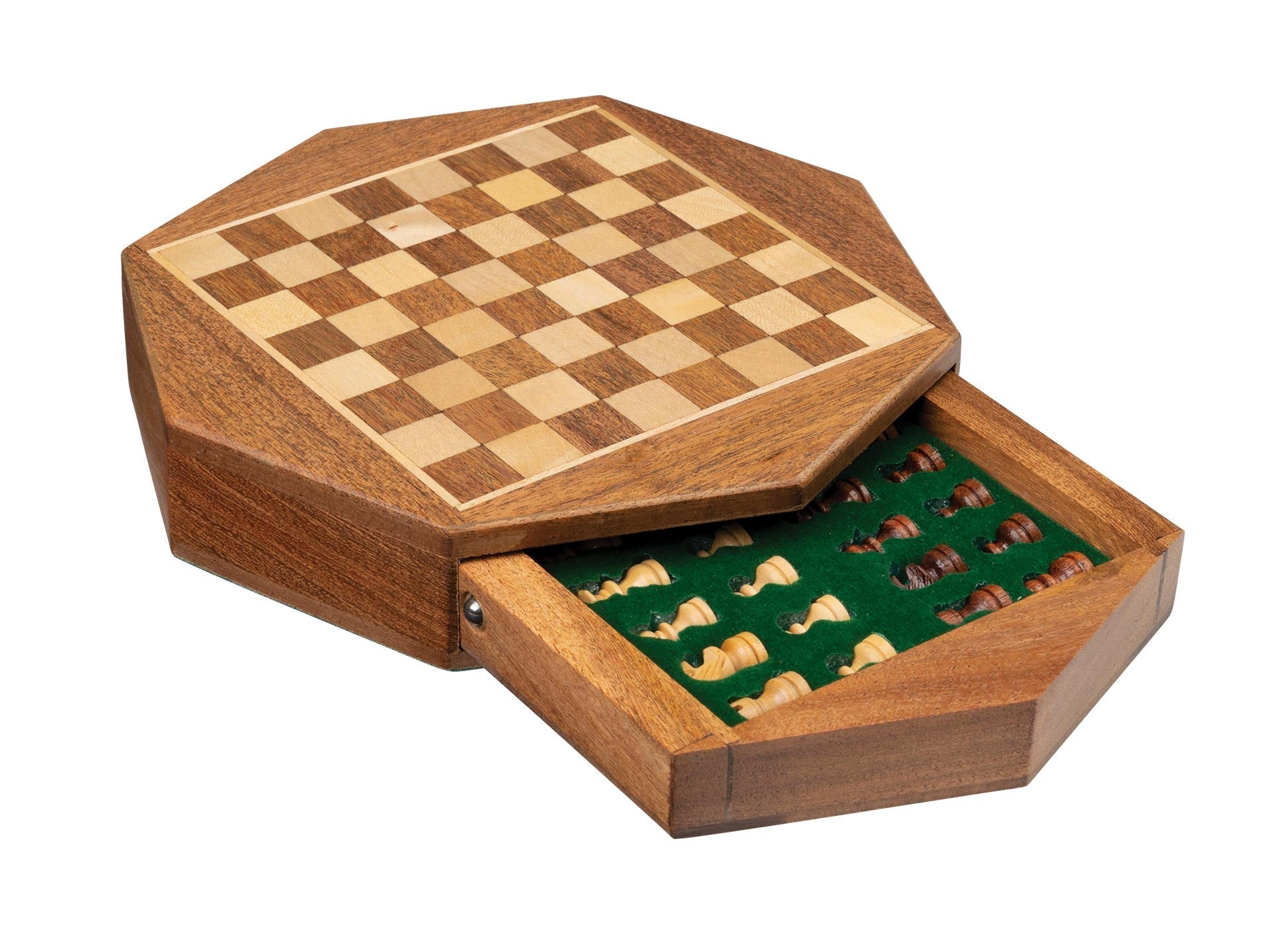 Jeu d'échecs octogonal en acacia et érable - Coffre tiroir - Magnétique - ensemble d'échecs classique jeu d'échecs échecs de voyage - Rouge et Noir