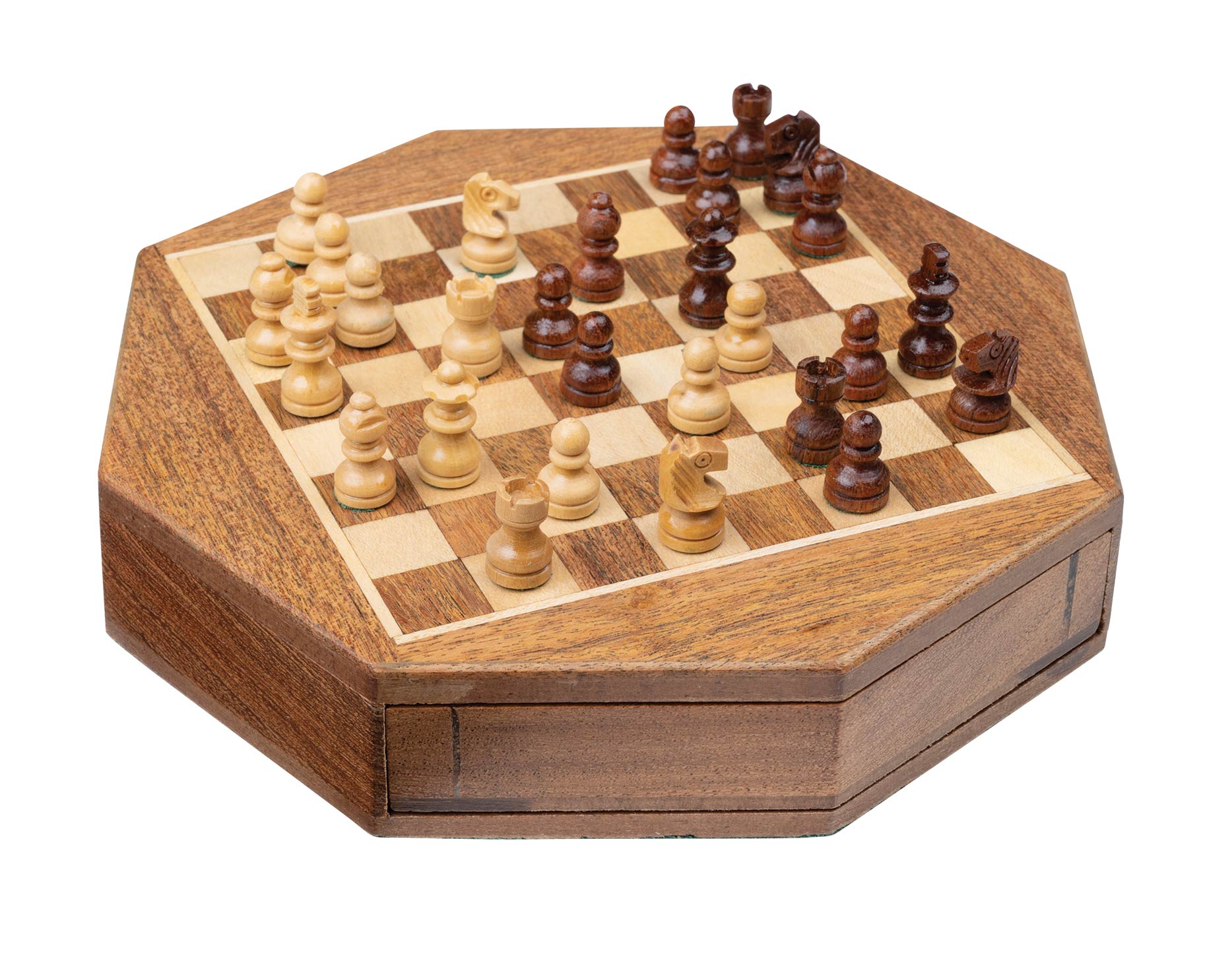 Jeu d'échecs octogonal en acacia et érable - Coffre tiroir - Magnétique - ensemble d'échecs classique jeu d'échecs échecs de voyage - Rouge et Noir
