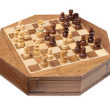 Jeu d'échecs octogonal en acacia et érable - Coffre tiroir - Magnétique - ensemble d'échecs classique jeu d'échecs échecs de voyage - Rouge et Noir