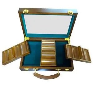 Mallette vide en bois - 300 jetons - fenêtre transparente - accessoire de poker - Rouge et Noir