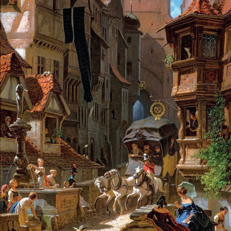 Puzzle MW - 1000 p - Arrivée de la diligence - Carl Spitzweg - Puzzle en bois Michèle Wilson - Rouge et Noir