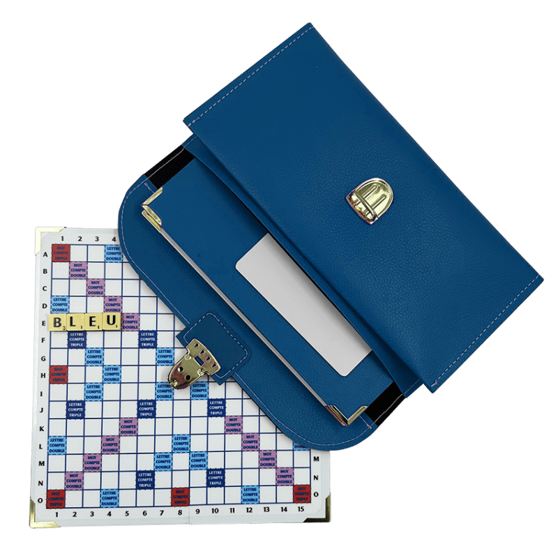 Scrabble Duplicate ou de Voyage en Cuir Vegan - Magnétique - Pliant - Bleu - Jeux de Lettres et de Chiffres cadeau bel objet - Rouge et Noir