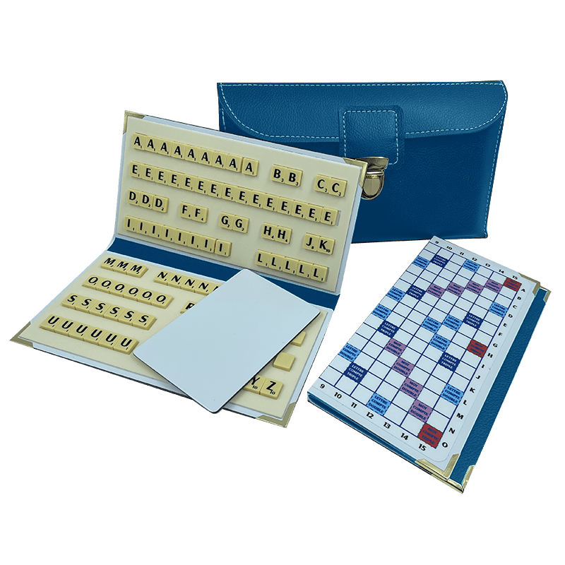 Scrabble Duplicate ou de Voyage en Cuir Vegan - Magnétique - Pliant - Bleu - Jeux de Lettres et de Chiffres cadeau bel objet - Rouge et Noir
