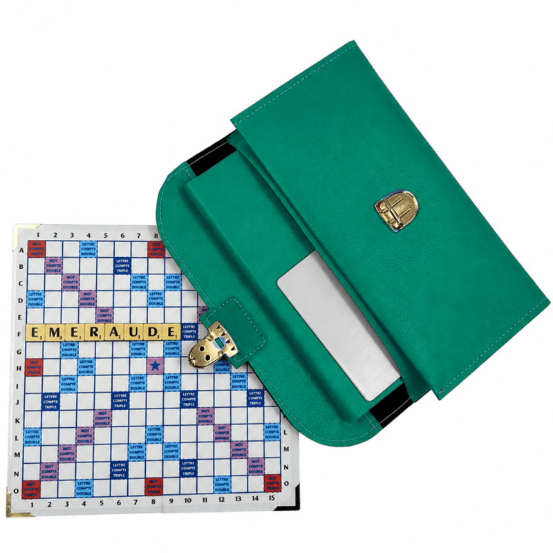 Scrabble Duplicate ou de Voyage en Cuir Vegan - Magnétique - Pliant - Emeraude - Jeux de Lettres et de Chiffres cadeau bel objet - Rouge et Noir
