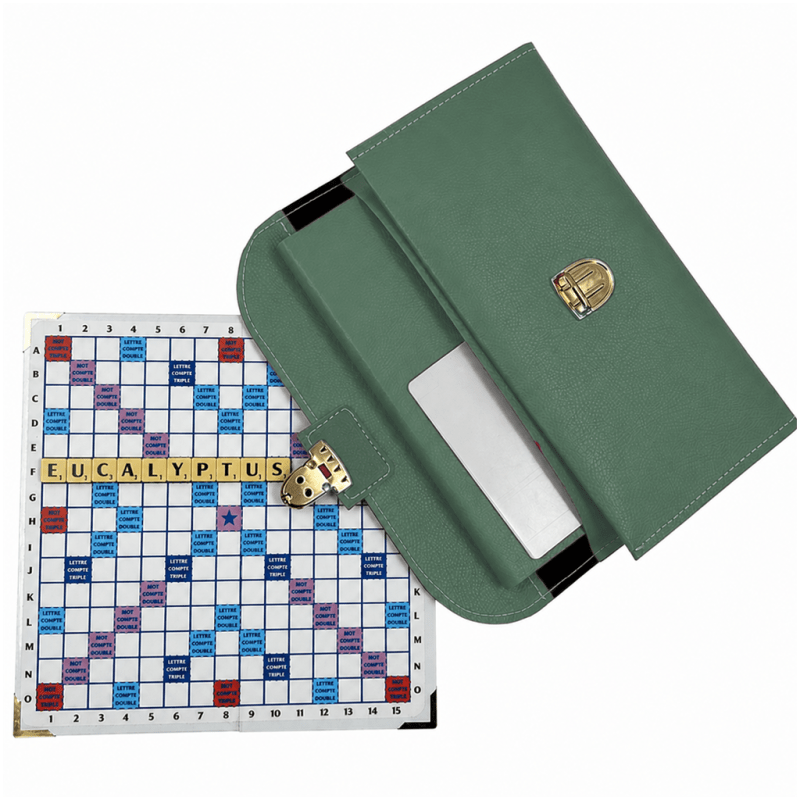 Scrabble Duplicate ou de Voyage en Cuir Vegan - Magnétique - Pliant - Eucalyptus - Jeux de Lettres et de Chiffres cadeau bel objet - Rouge et Noir