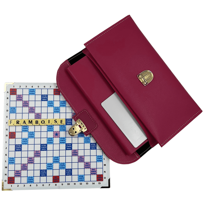 Scrabble Duplicate ou de Voyage en Cuir Vegan - Magnétique - Pliant - Framboise - Jeux de Lettres et de Chiffres cadeau bel objet - Rouge et Noir