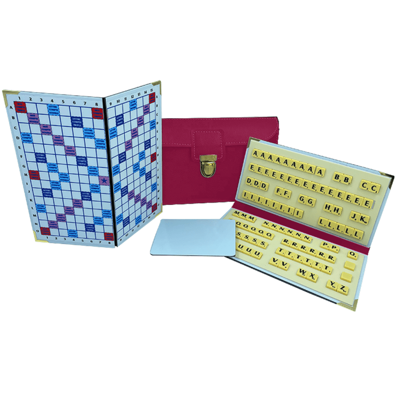 Scrabble Duplicate ou de Voyage en Cuir Vegan - Magnétique - Pliant - Framboise - Jeux de Lettres et de Chiffres cadeau bel objet - Rouge et Noir