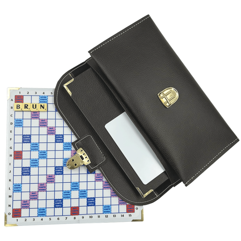 Scrabble Duplicate ou de Voyage en Cuir Vegan - Magnétique - Pliant - Marron - Jeux de Lettres et de Chiffres cadeau bel objet - Rouge et Noir