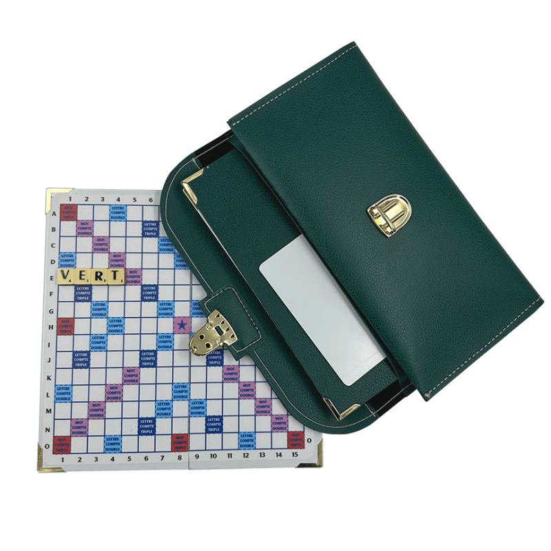 Scrabble Duplicate ou de Voyage en Cuir Vegan - Magnétique - Pliant - Vert - Jeux de Lettres et de Chiffres cadeau bel objet - Rouge et Noir