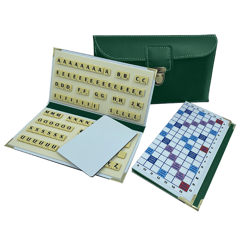 Scrabble Duplicate ou de Voyage en Cuir Vegan - Magnétique - Pliant - Vert - Jeux de Lettres et de Chiffres cadeau bel objet - Rouge et Noir