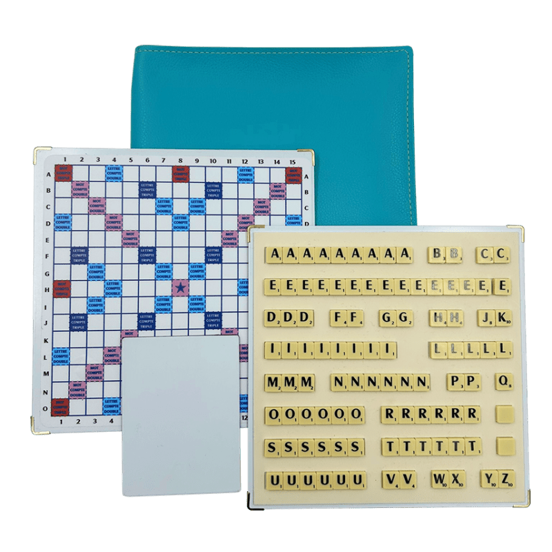 Scrabble Duplicate ou de Voyage en Cuir Vegan - Magnétique - Turquoise - Jeux de Lettres et de Chiffres cadeau bel objet - Rouge et Noir